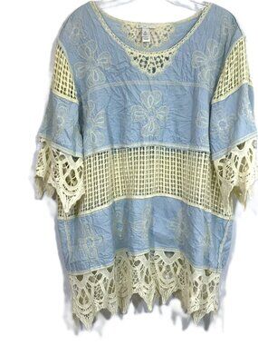 EST. 1946 Embroidered Crochet Boho Tunic Top Light Blue Ivory Cream Size XL